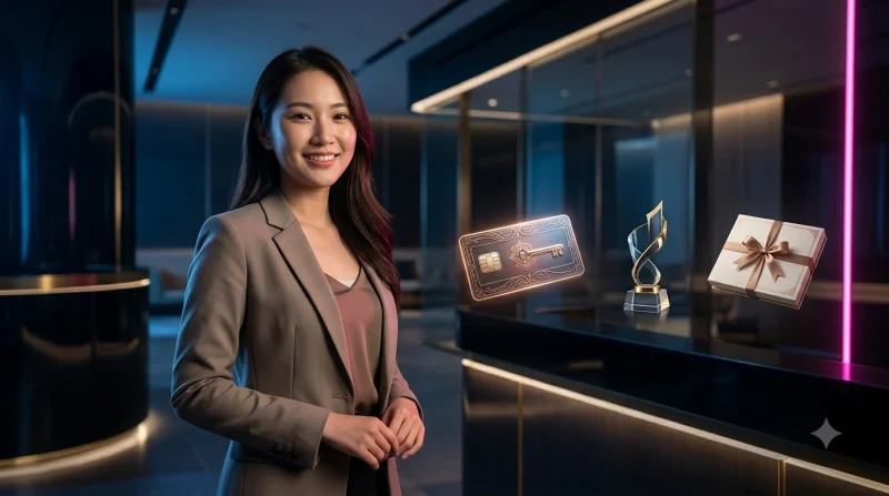 Người phụ nữ làm việc trên laptop với biểu đồ holographic tăng trưởng phát sáng neon và vàng
