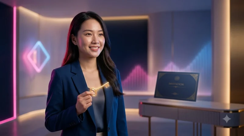 Người phụ nữ trong phòng chờ sang trọng xem màn hình holographic hiển thị các mức thưởng phát sáng