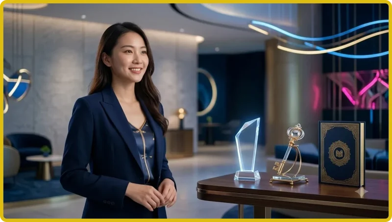 Người phụ nữ trong phòng chờ sang trọng xem màn hình holographic hiển thị các mức thưởng phát sáng